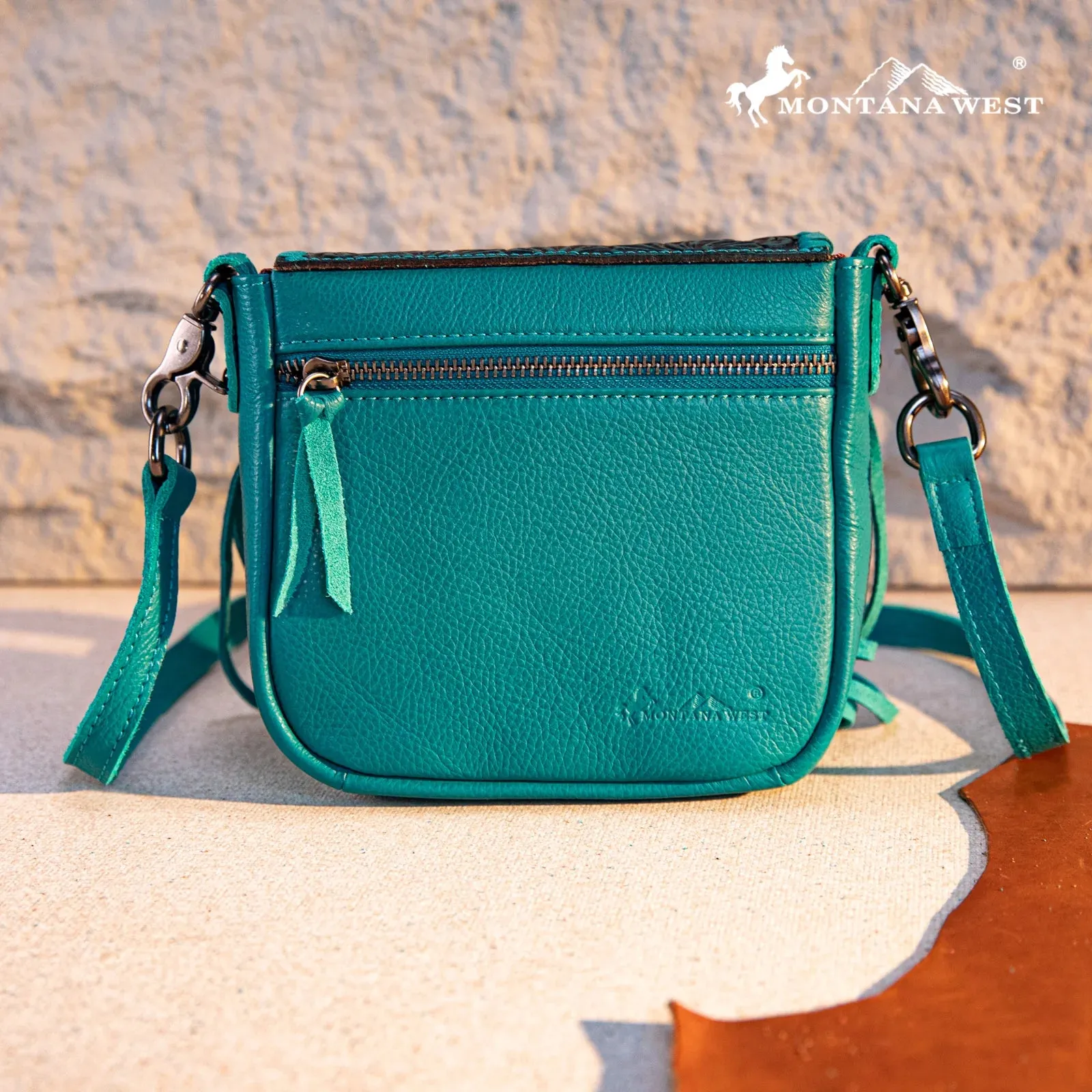 MW Genuine Leather Tooled Fringe Crossbody ~ Turquoise