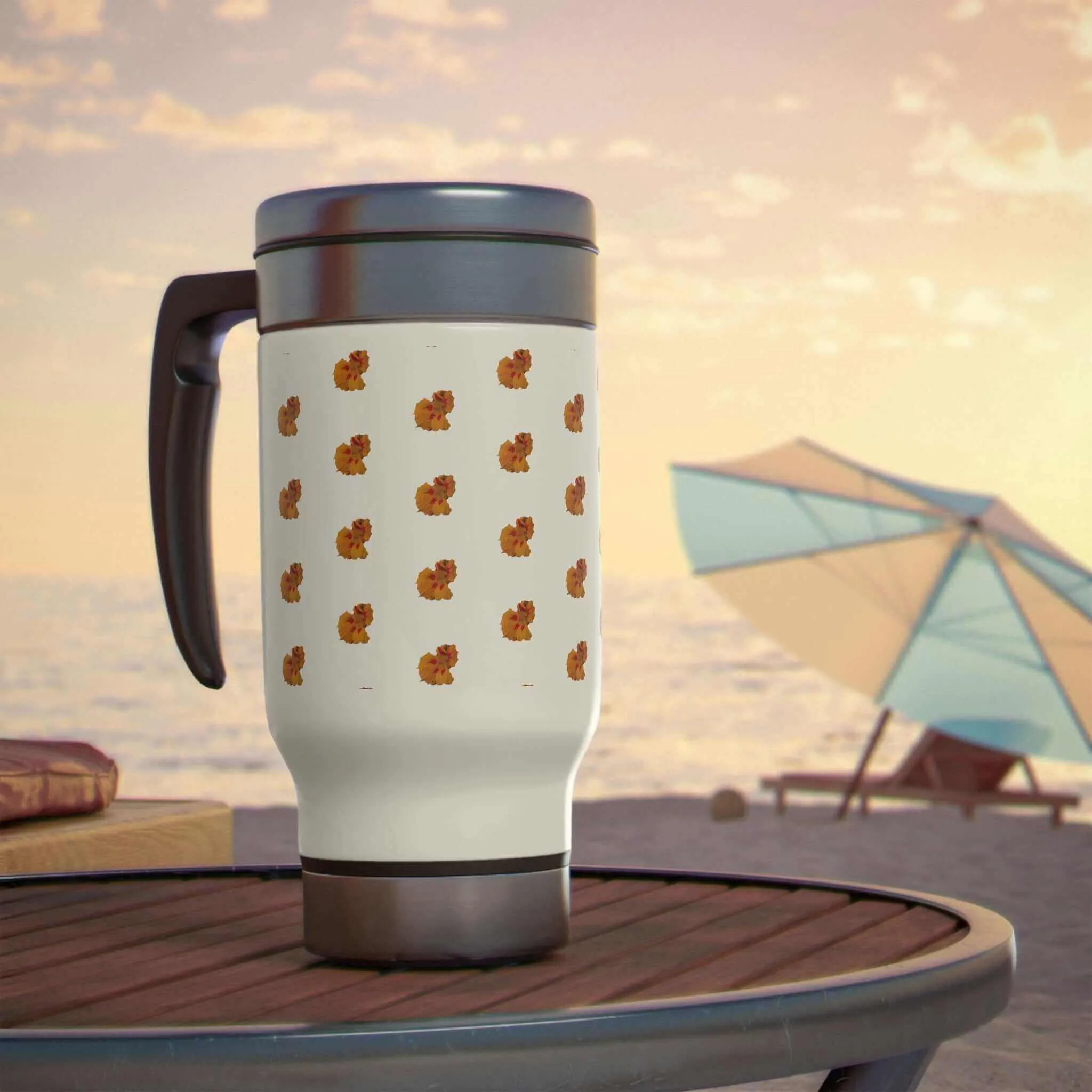 Orange & White Floral Travel Mug with Handle, 14oz.
