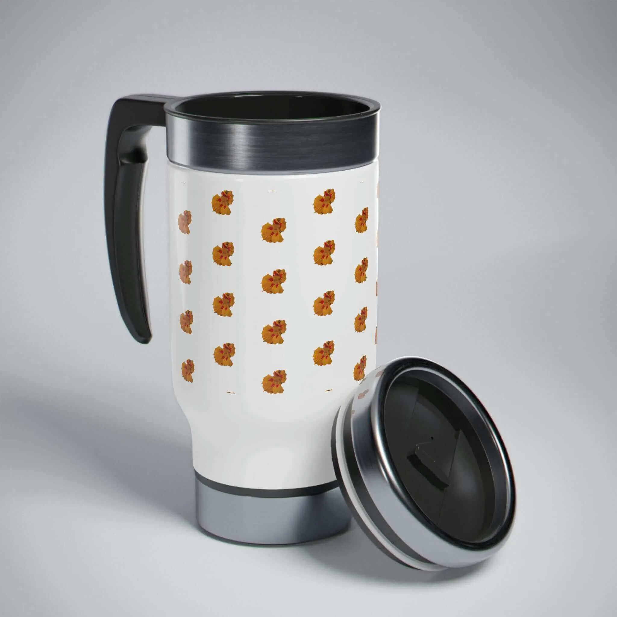 Orange & White Floral Travel Mug with Handle, 14oz.
