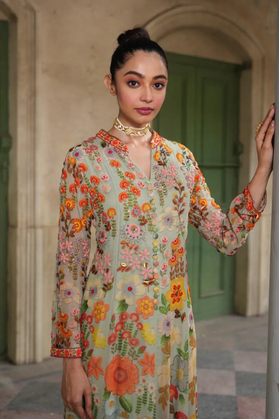 Pastel Green Floral Embroidered Anarkali