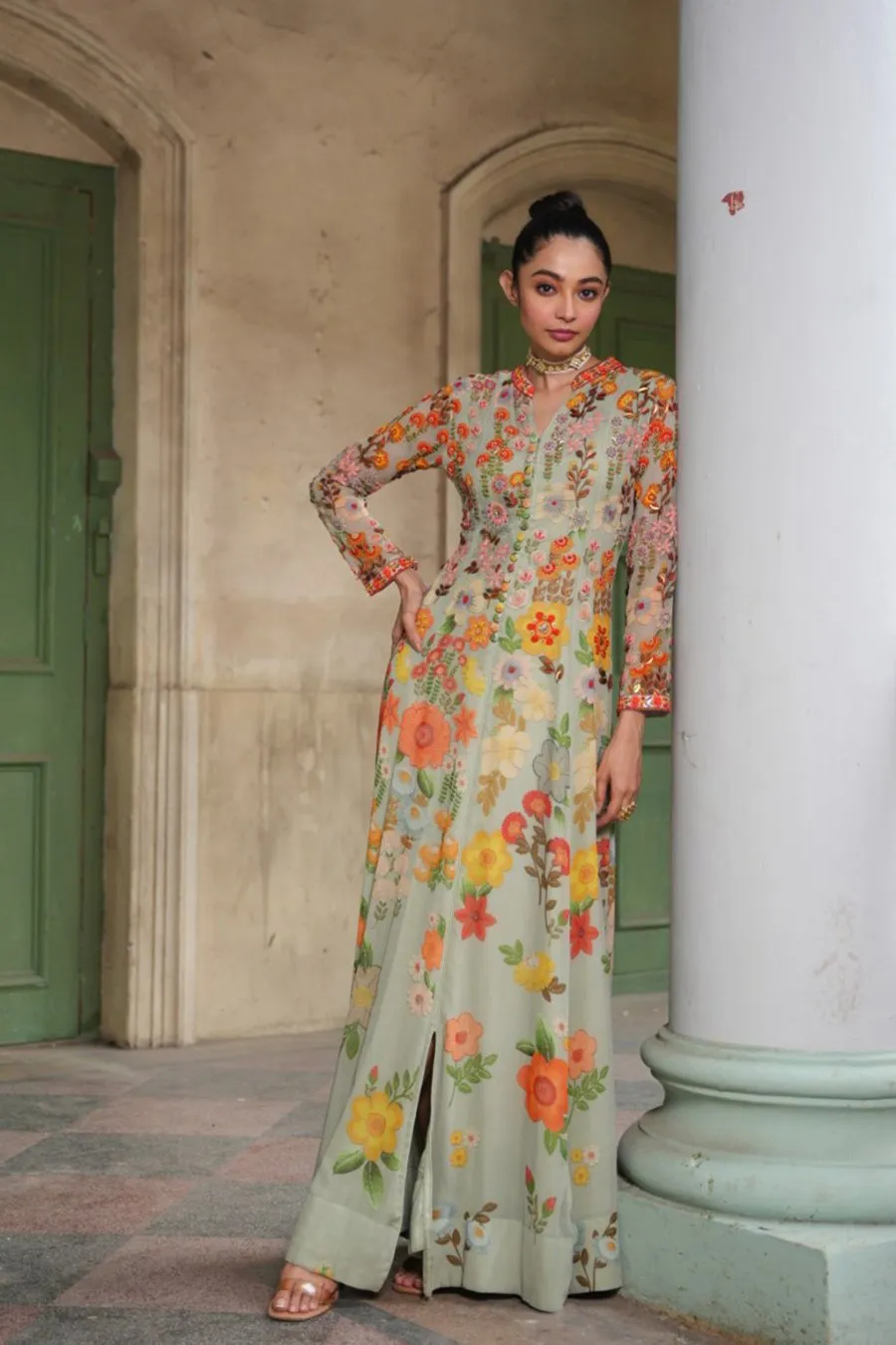 Pastel Green Floral Embroidered Anarkali