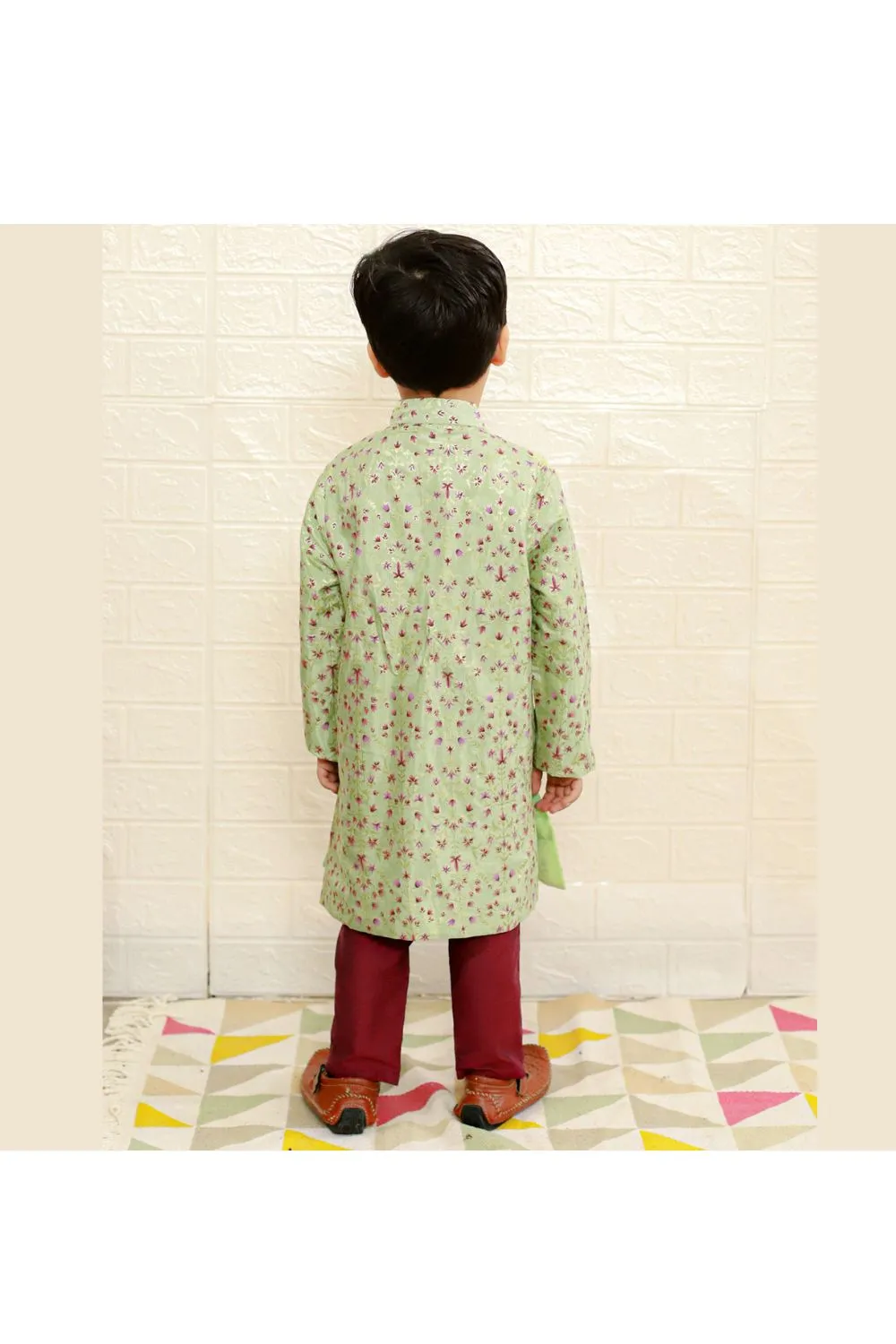 Pastel Green Floral Printed Asymmetrical Kurta With Pyjama Set