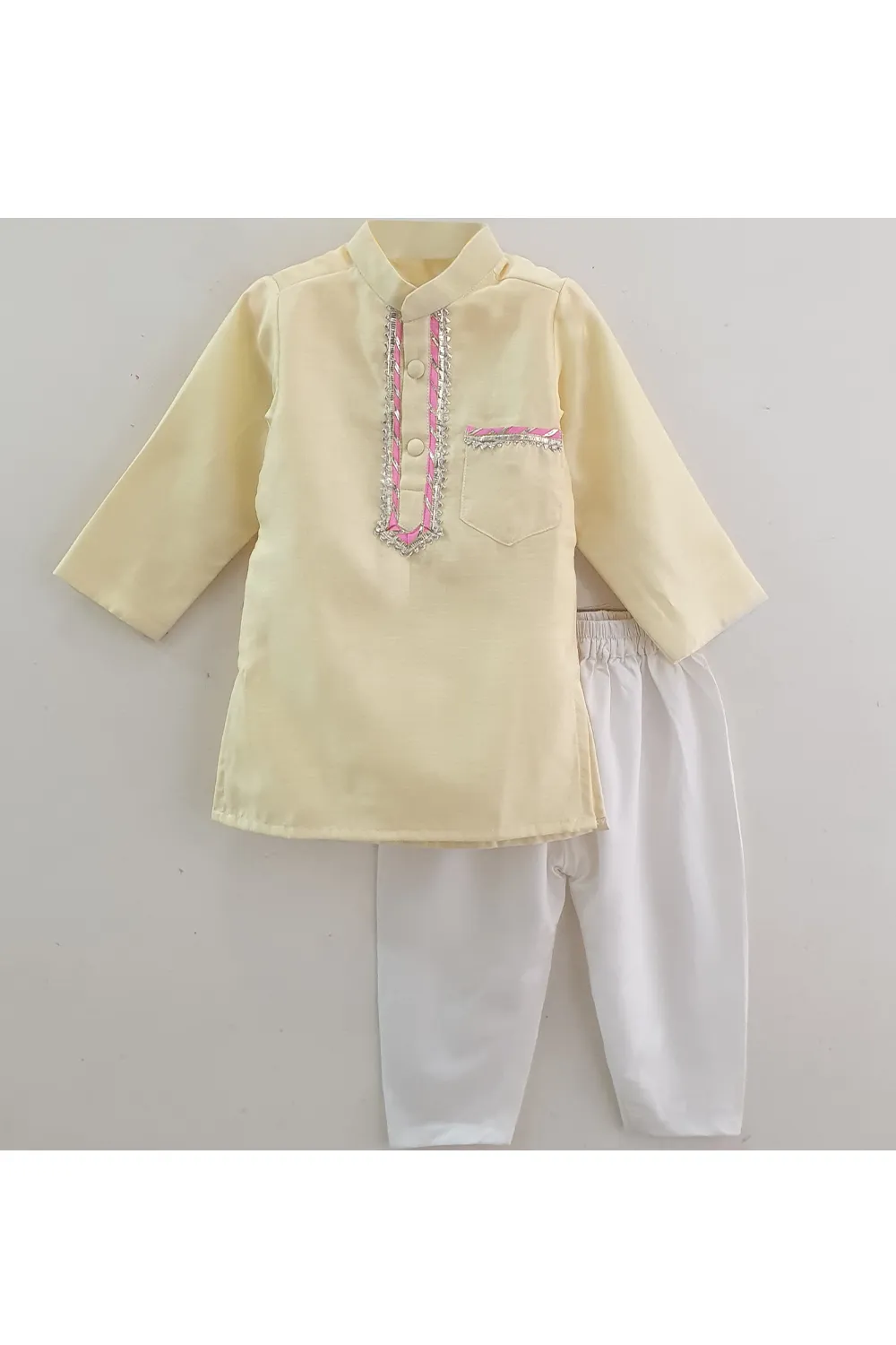 Pastel yellow lace work kurta with white pyjama