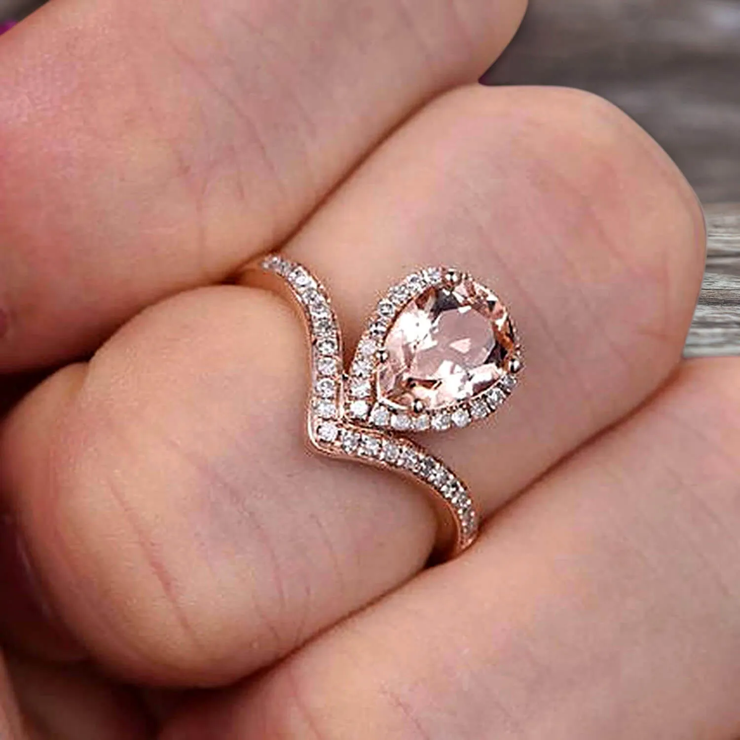 Pear Shape 1.50 Carat Morganite Engagement Ring On 10k Rose Gold Wedding Ring Promise Ring Art Deco Glaring Jewelry Anniversary Gift