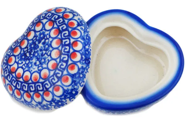 Polish Pottery 4" Heart Shaped Jar Floral Peacock