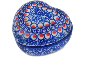 Polish Pottery 4" Heart Shaped Jar Floral Peacock