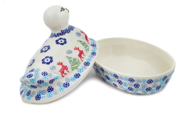 Polish Pottery 7" Duck Shaped Jar Ring Around The Reindeer