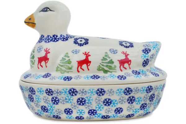 Polish Pottery 7" Duck Shaped Jar Ring Around The Reindeer