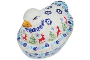 Polish Pottery 7" Duck Shaped Jar Ring Around The Reindeer