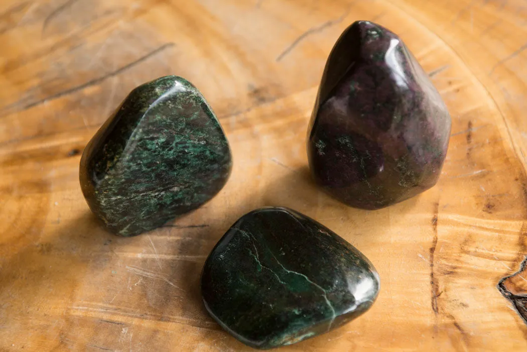 Polished Rare Fluorescent Green Verdite Ruby Corundum Free Forms x 3 From Zimbabwe