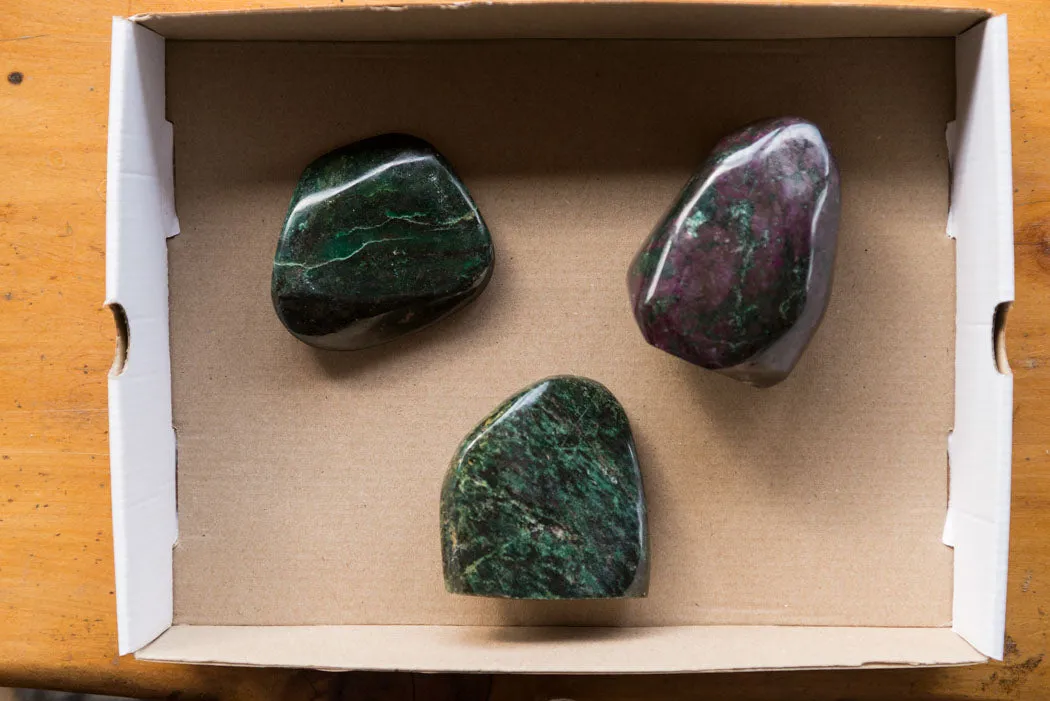 Polished Rare Fluorescent Green Verdite Ruby Corundum Free Forms x 3 From Zimbabwe