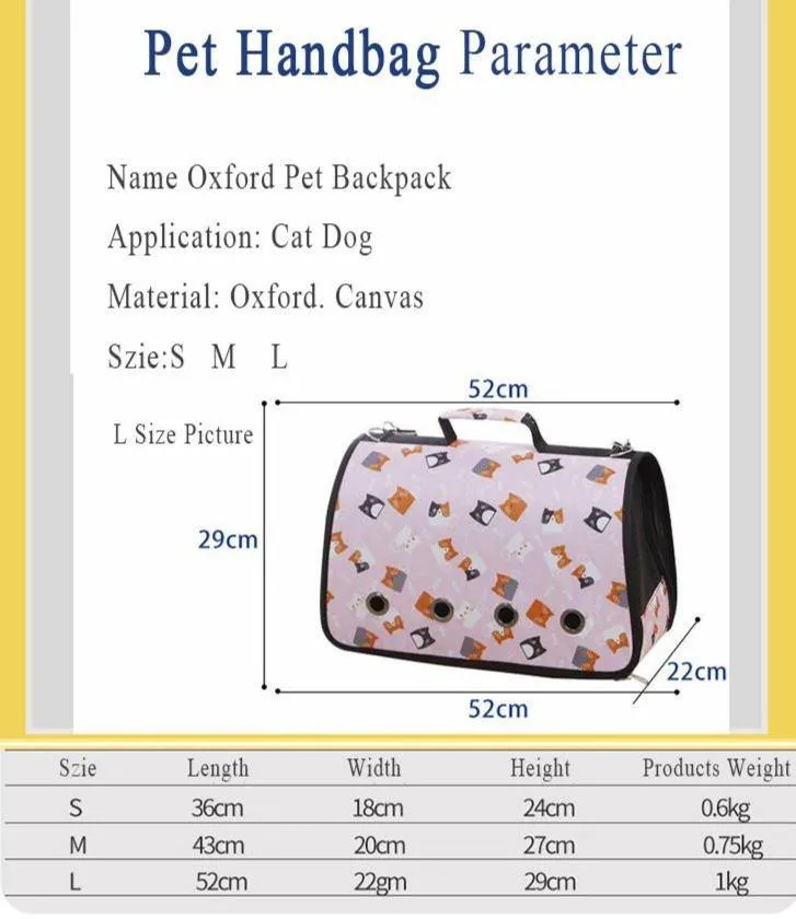 Portable Soft Pet Cat Puppy Travelling Carrier Outdoor Hand Carry Bag for Pet Safety