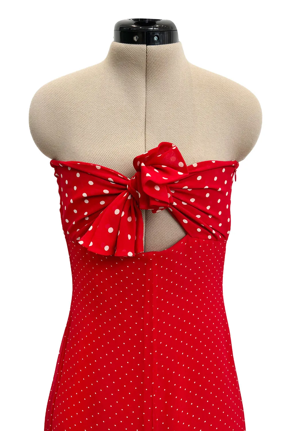 Prettiest Spring 2002 Valentino Runway Strapless Red Dot Silk Chiffon Dress w Ruffled Tiers