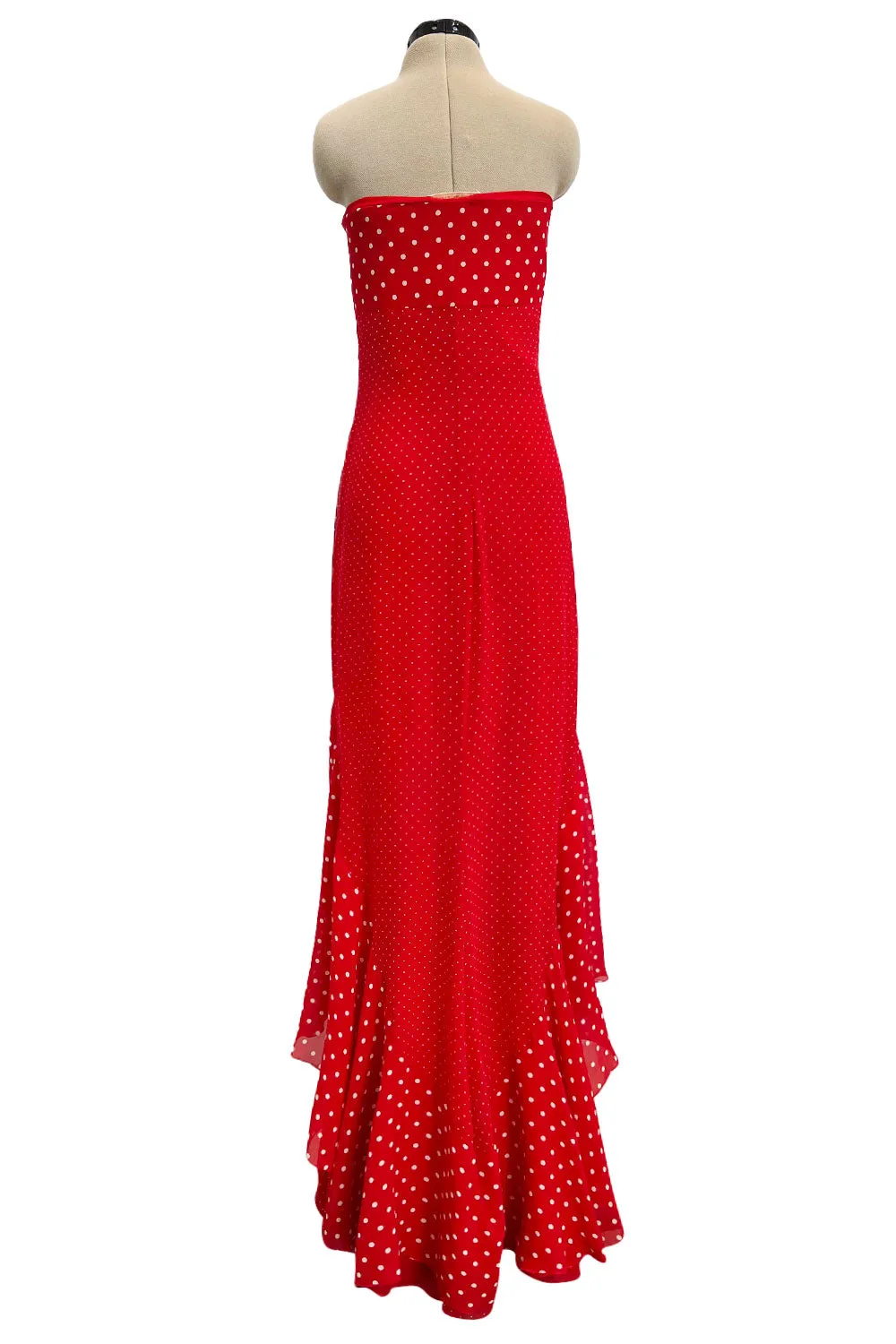 Prettiest Spring 2002 Valentino Runway Strapless Red Dot Silk Chiffon Dress w Ruffled Tiers