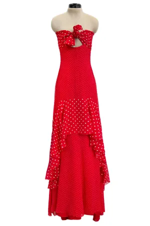 Prettiest Spring 2002 Valentino Runway Strapless Red Dot Silk Chiffon Dress w Ruffled Tiers