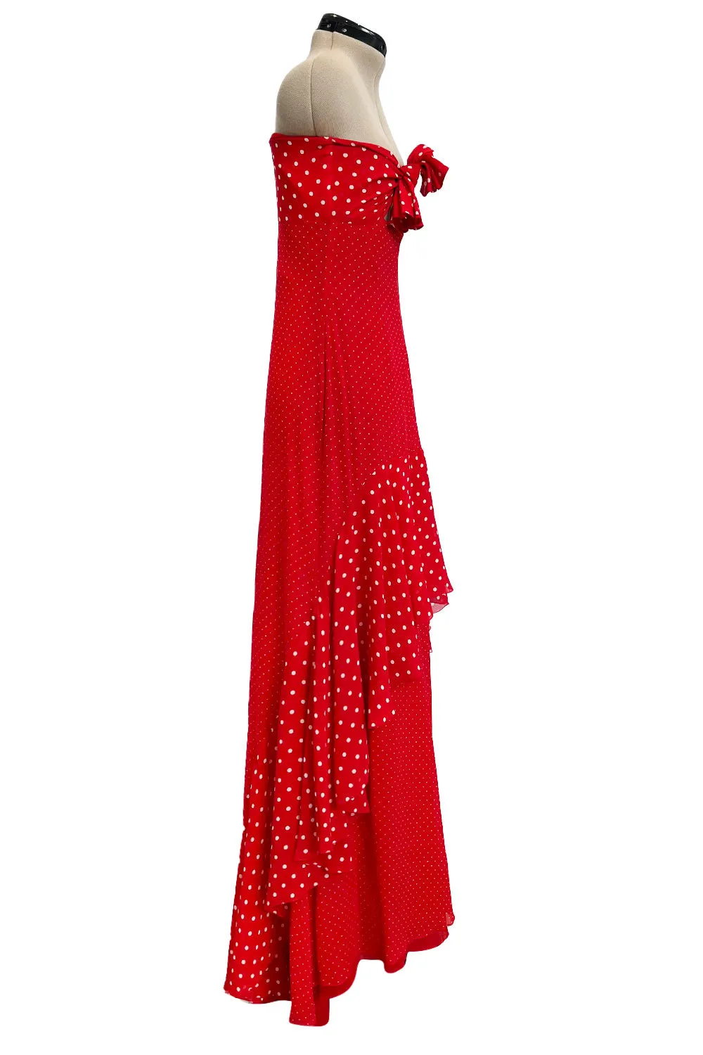 Prettiest Spring 2002 Valentino Runway Strapless Red Dot Silk Chiffon Dress w Ruffled Tiers