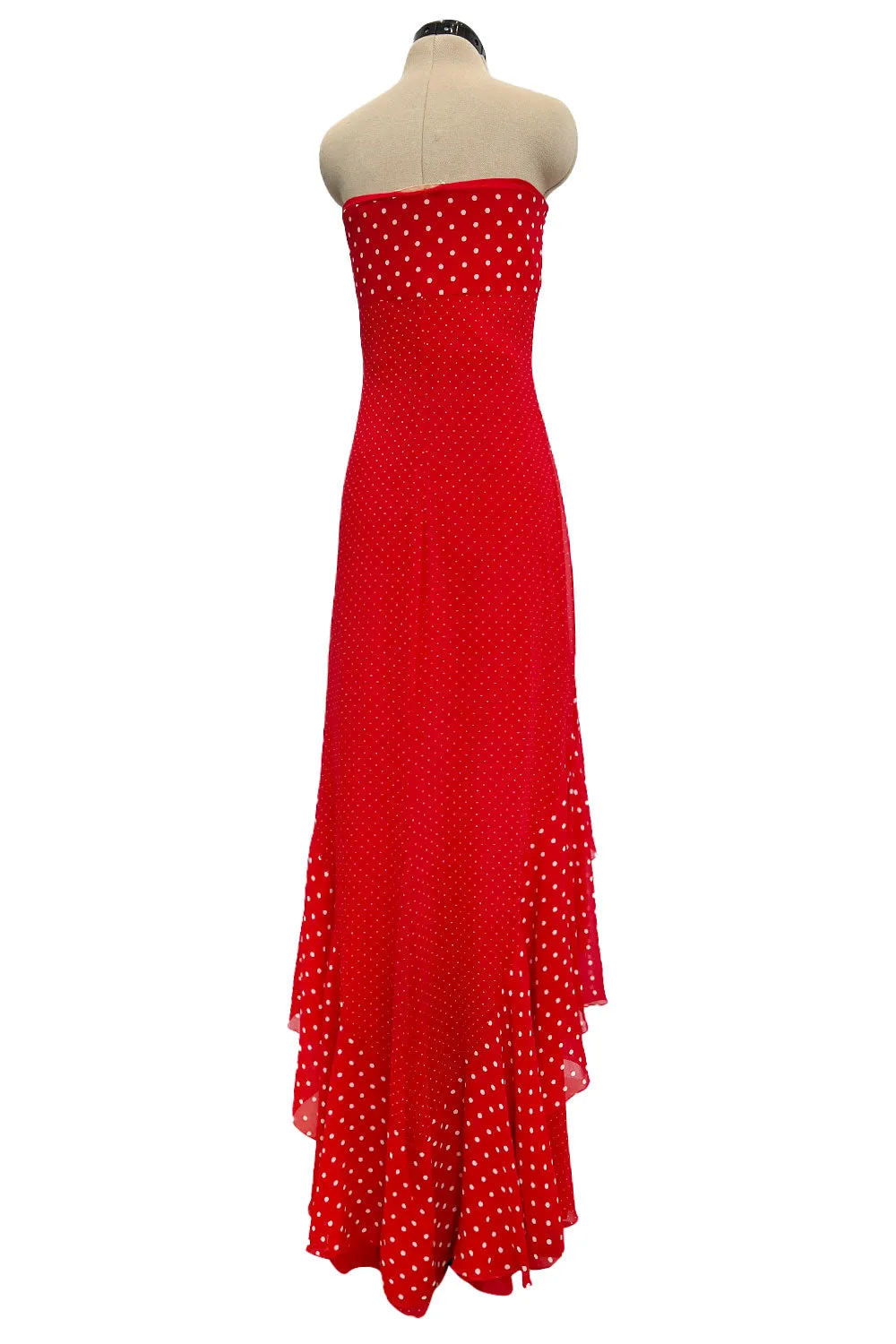 Prettiest Spring 2002 Valentino Runway Strapless Red Dot Silk Chiffon Dress w Ruffled Tiers