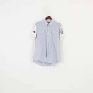 Rare Men XXXL L Casual Shirt Striped Blue Short Sleeve Cotton Collar Buttons Patches Styled in Italy Top