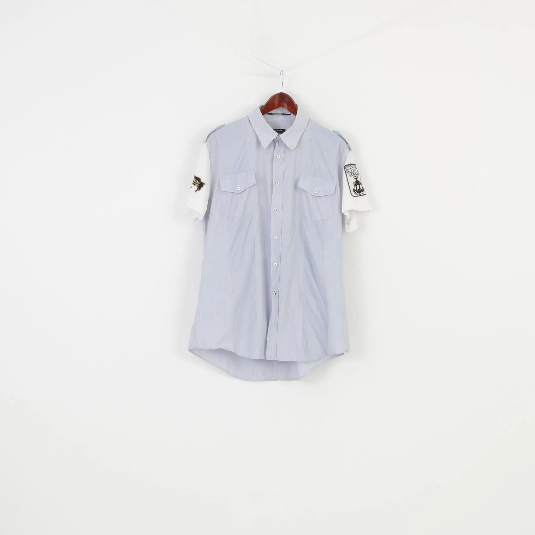 Rare Men XXXL L Casual Shirt Striped Blue Short Sleeve Cotton Collar Buttons Patches Styled in Italy Top