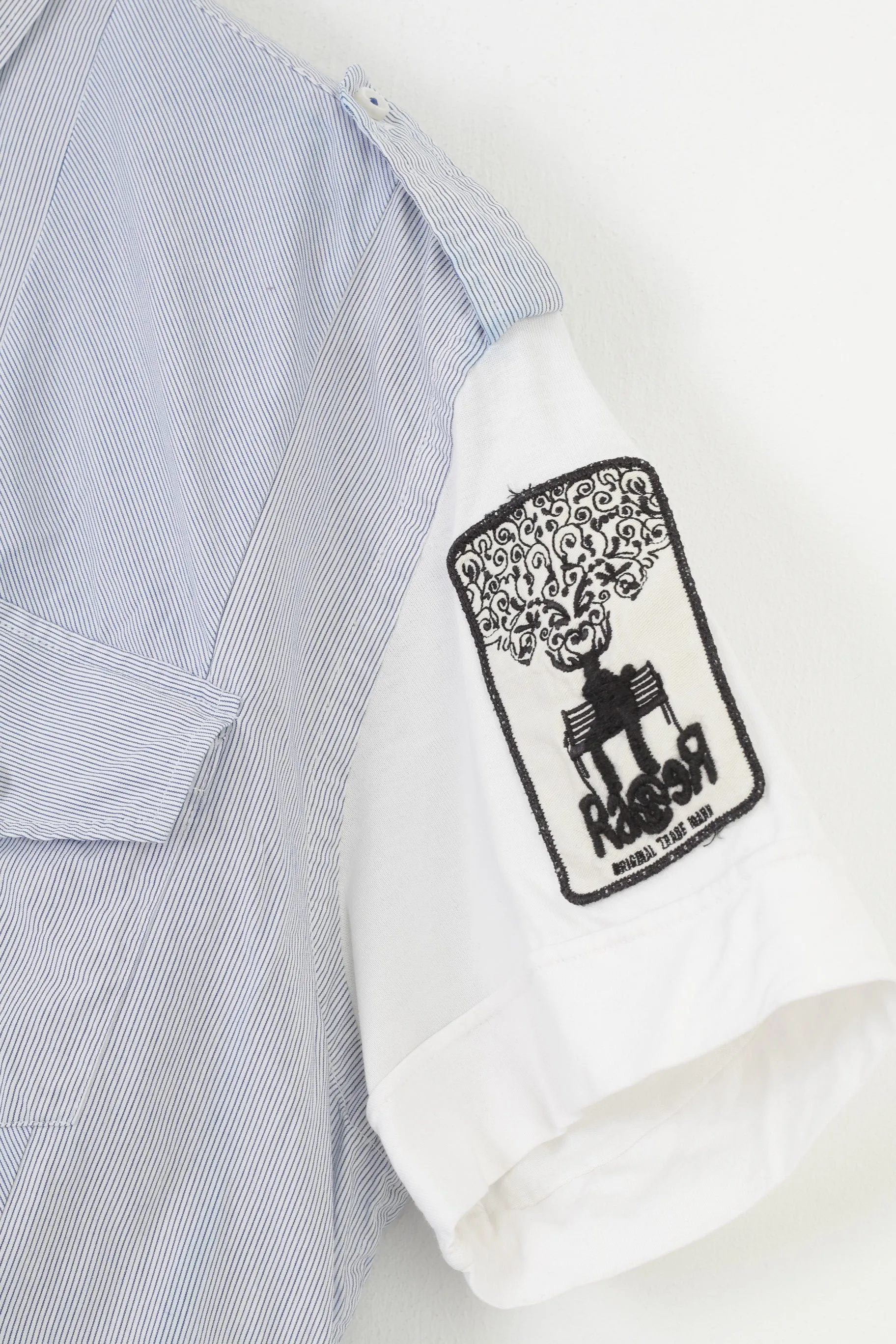 Rare Men XXXL L Casual Shirt Striped Blue Short Sleeve Cotton Collar Buttons Patches Styled in Italy Top