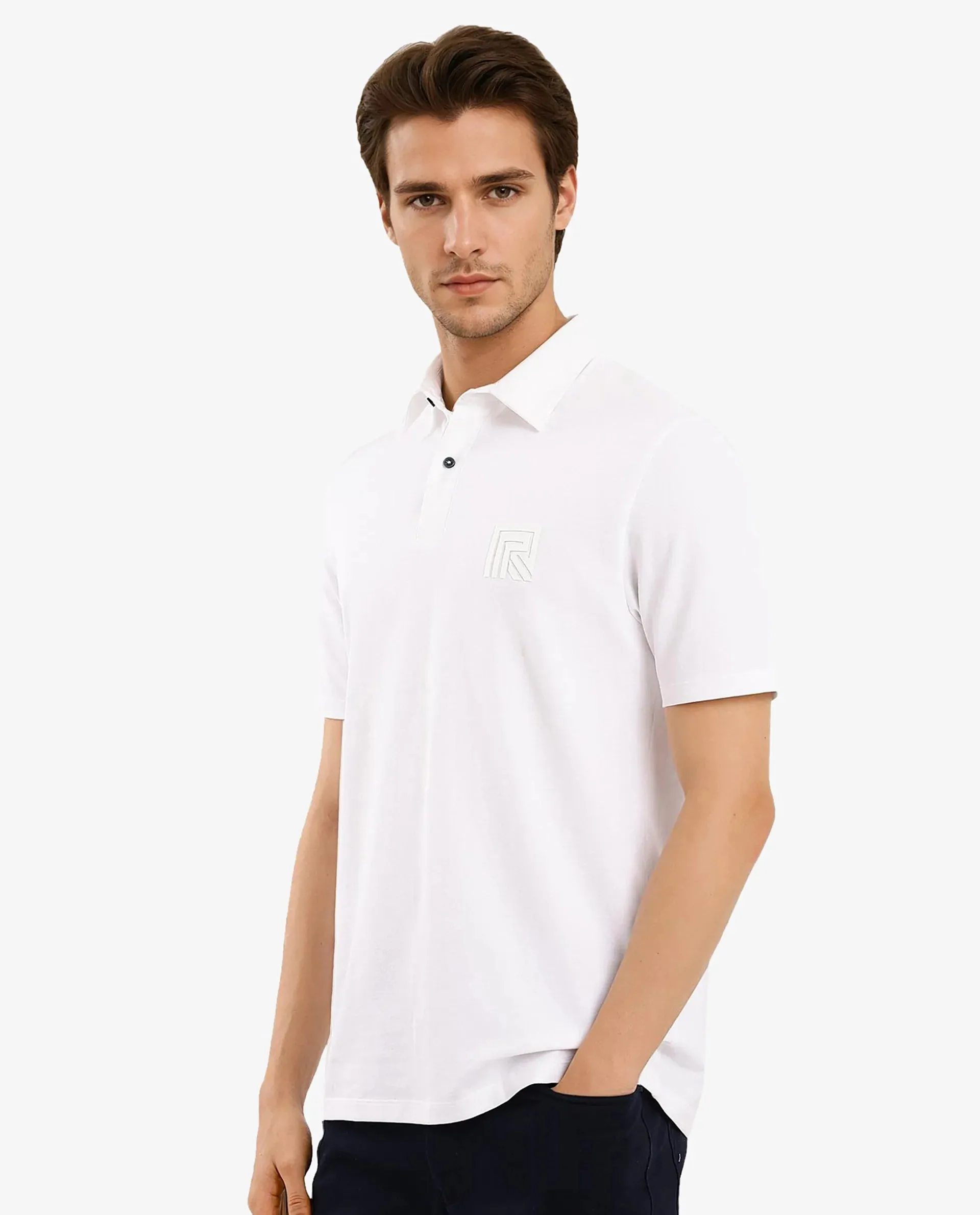 Rare Rabbit Men Yobo White Short Sleeve Collared Neck Button Closure Plain Polo