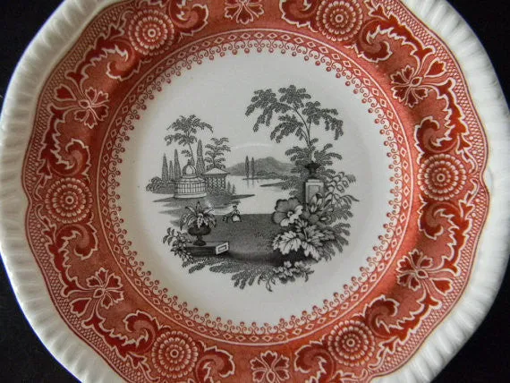 RARE Two Color Brick Red and Black Spode Copeland Transferware Plate Morocco Urn Flowers
