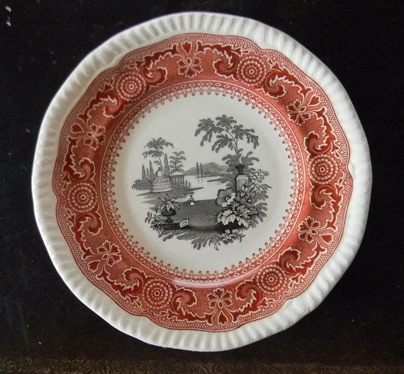 RARE Two Color Brick Red and Black Spode Copeland Transferware Plate Morocco Urn Flowers