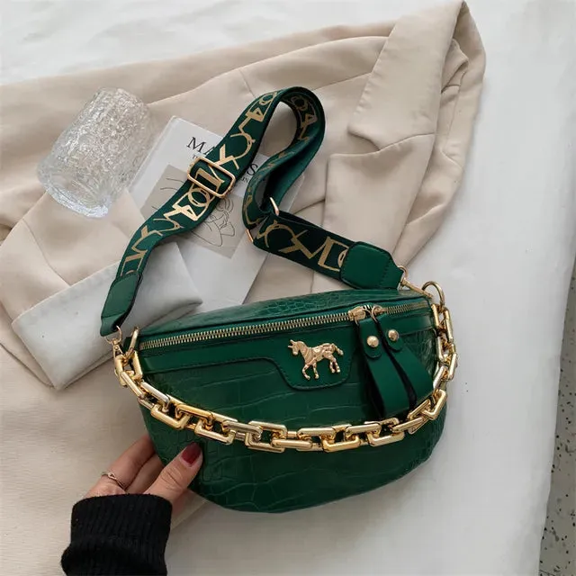 Red Croc-Embossed Belt Bag with Gold Chain