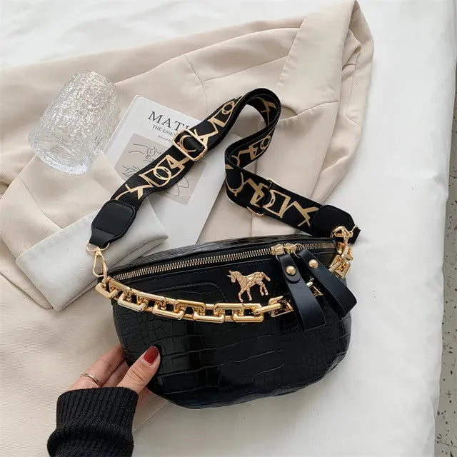 Red Croc-Embossed Belt Bag with Gold Chain