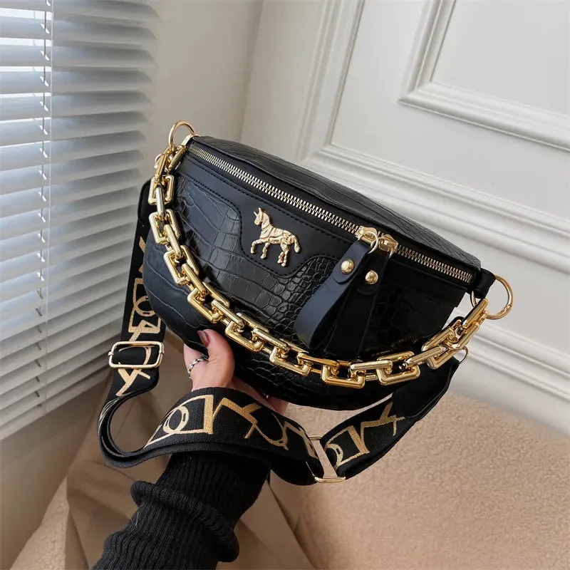 Red Croc-Embossed Belt Bag with Gold Chain