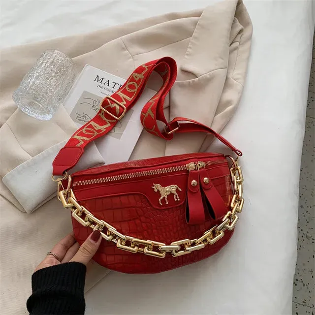 Red Croc-Embossed Belt Bag with Gold Chain