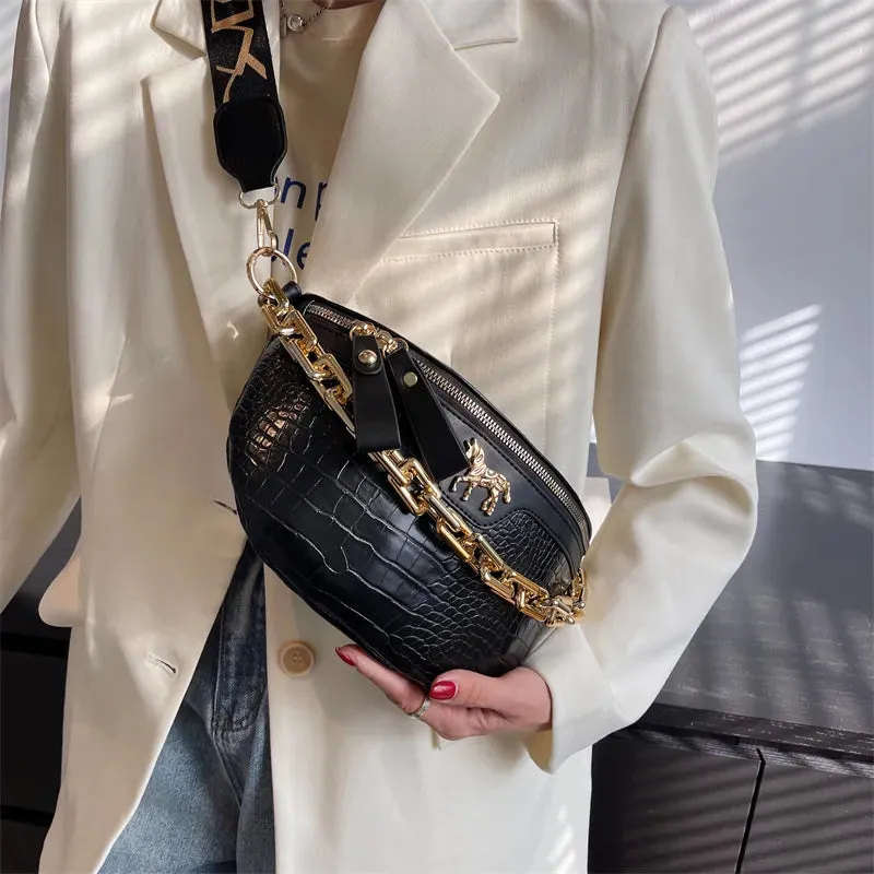 Red Croc-Embossed Belt Bag with Gold Chain