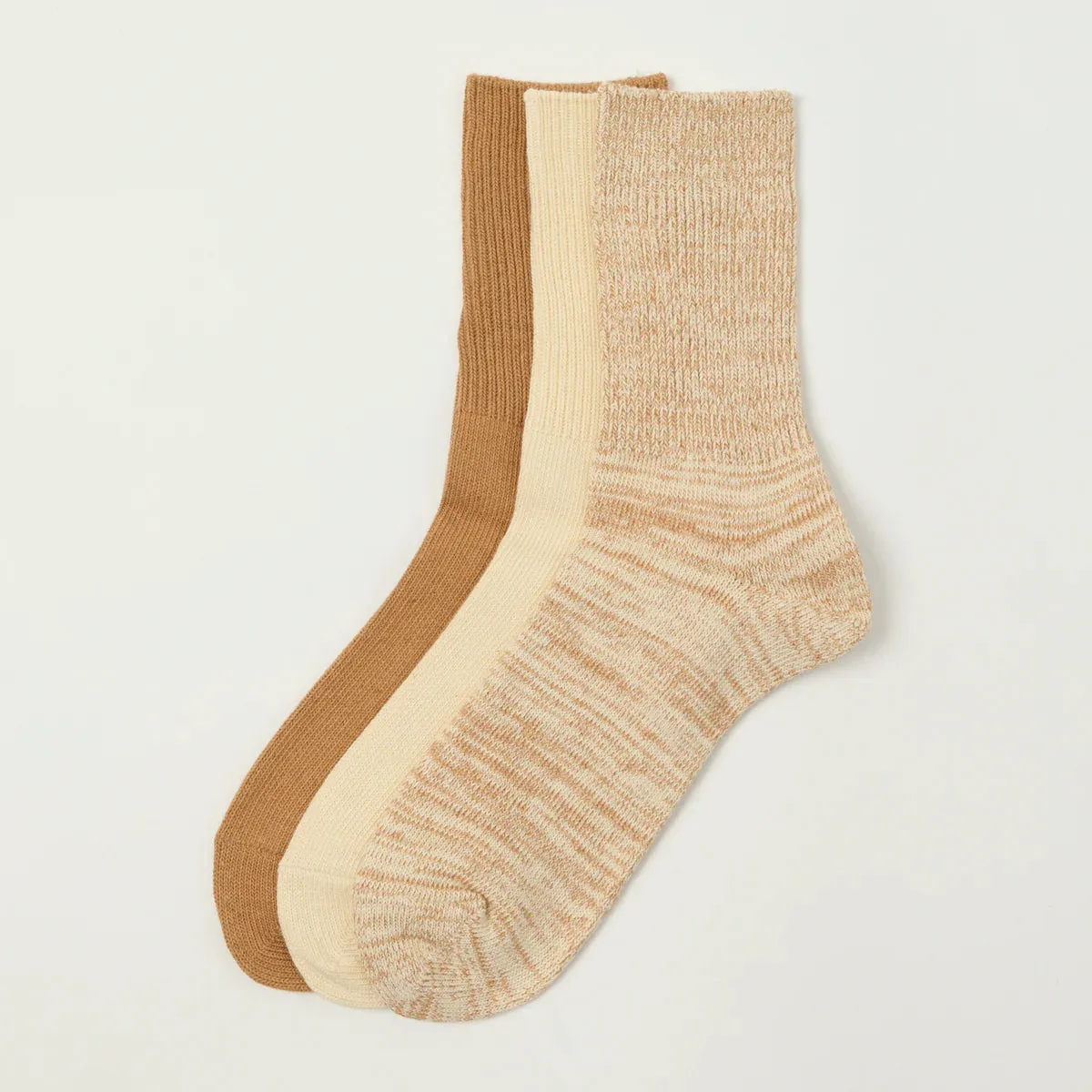 ROTOTO - Organic Daily 3 Pack Ribbed Crew Socks - Ecru Brown