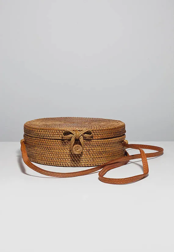 Round rattan basket bag, Bohemian round shoulder bag,Round shoulder bag, Woven Ata bag