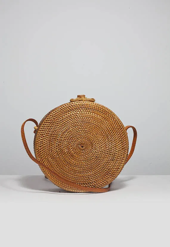 Round rattan basket bag, Bohemian round shoulder bag,Round shoulder bag, Woven Ata bag
