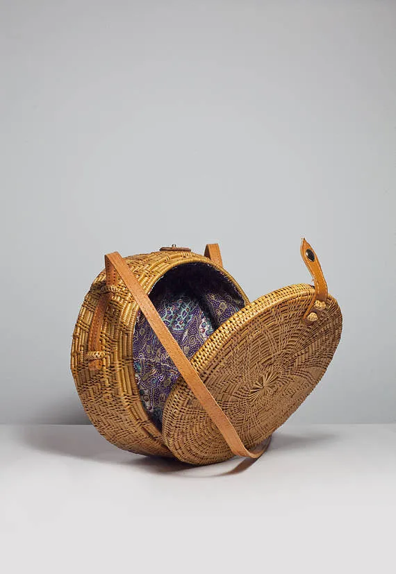 Round rattan basket bag, Bohemian round shoulder bag,Round shoulder bag, Woven Ata bag