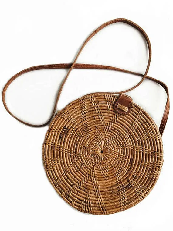 Round rattan basket bag, Bohemian round shoulder bag,Round shoulder bag, Woven Ata bag