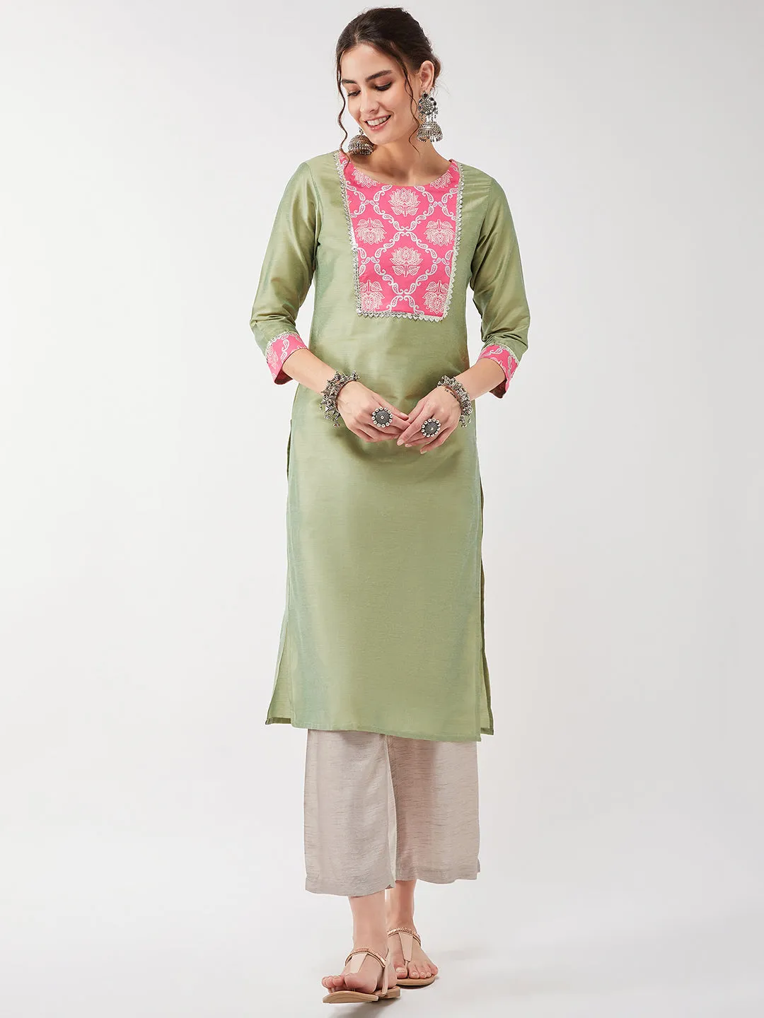 Semi-Festive Pastel Lace Yoke Detailed Straight Kurta