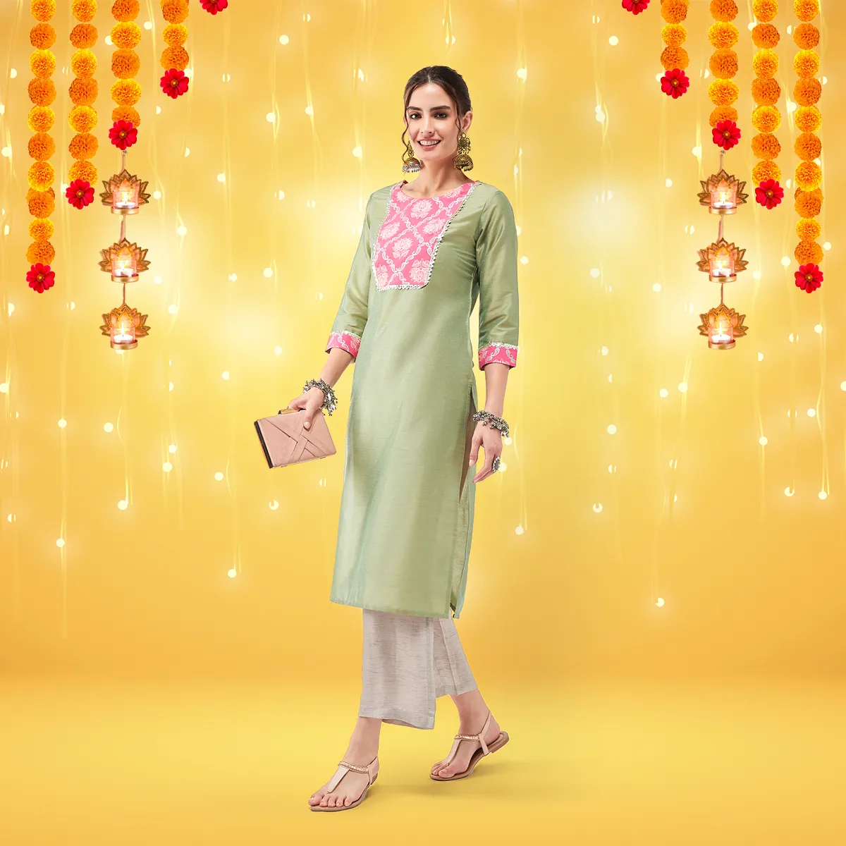 Semi-Festive Pastel Lace Yoke Detailed Straight Kurta