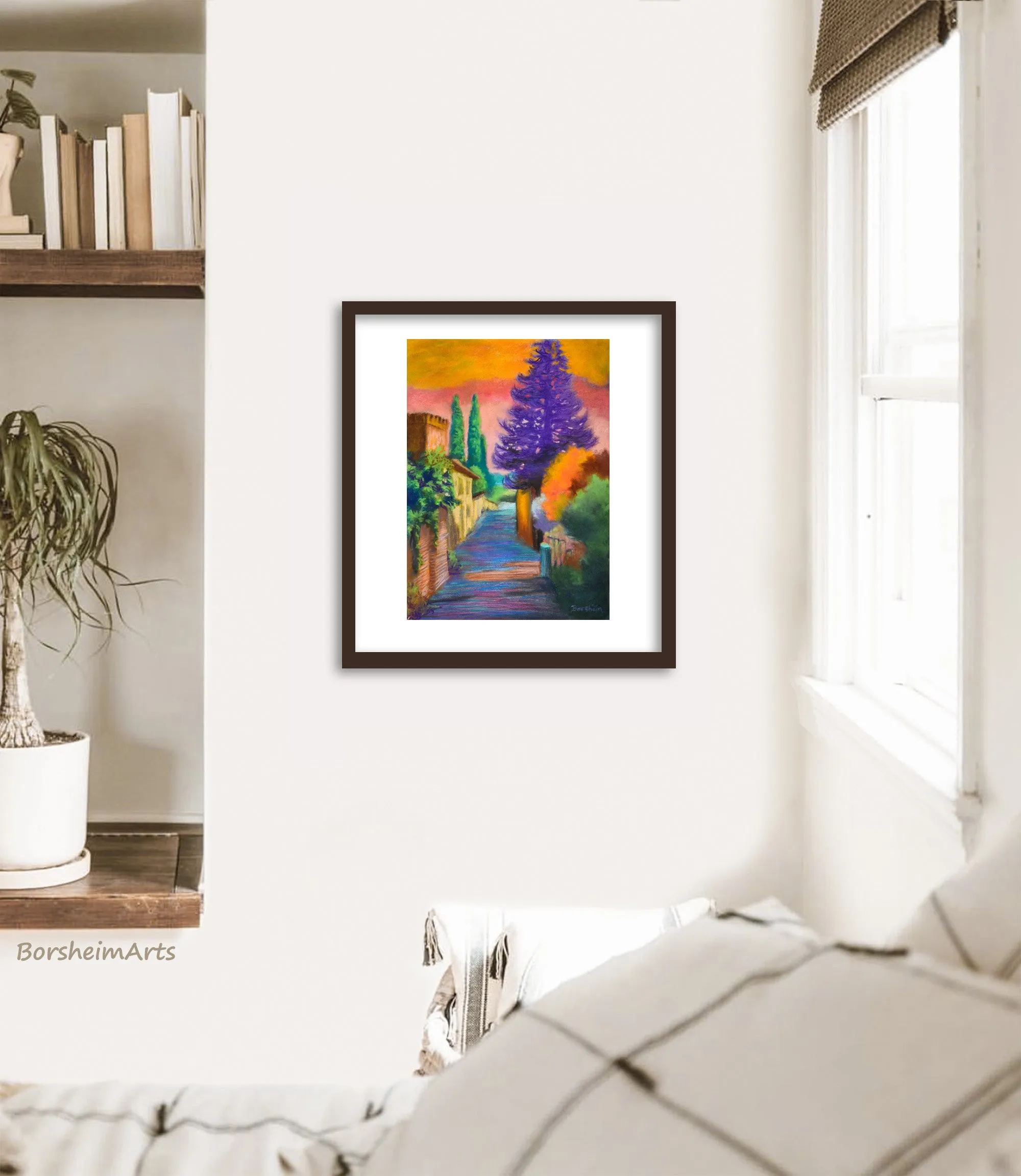 Settignano Purple Tree, Tuscany, Italy pastel art