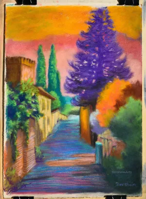 Settignano Purple Tree, Tuscany, Italy pastel art