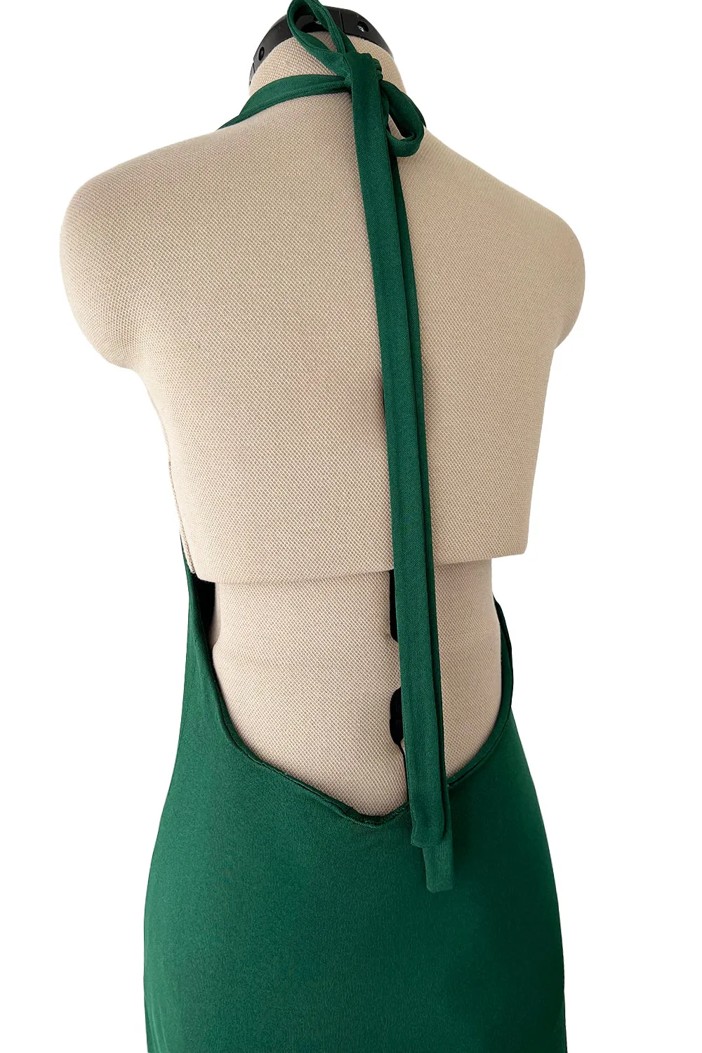 Sexiest 1974 Halston Couture Deep Green Silk Jersey Backless Dress w Front Plunge & Long Ties