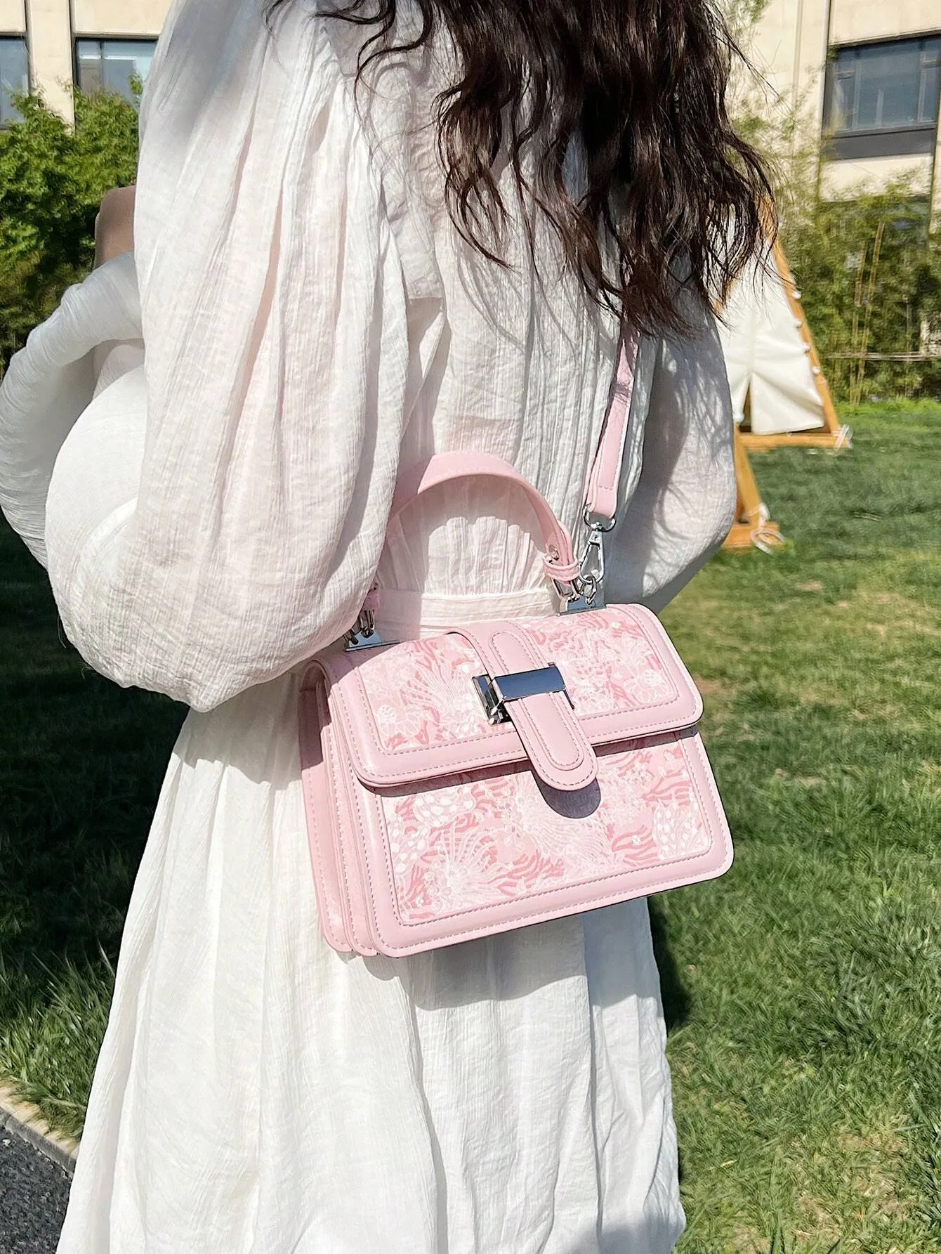 SHEIN Mini Flower Graphic Square Bag Top Handle Flap