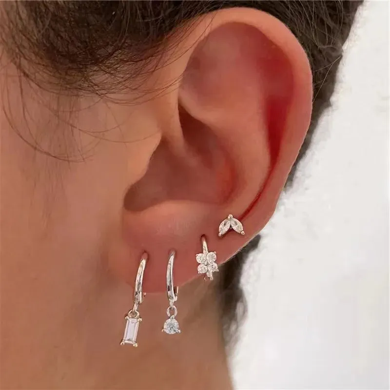Silver Earrings Set Round/Rectangular/Marquise/Plum Shaped Earrings