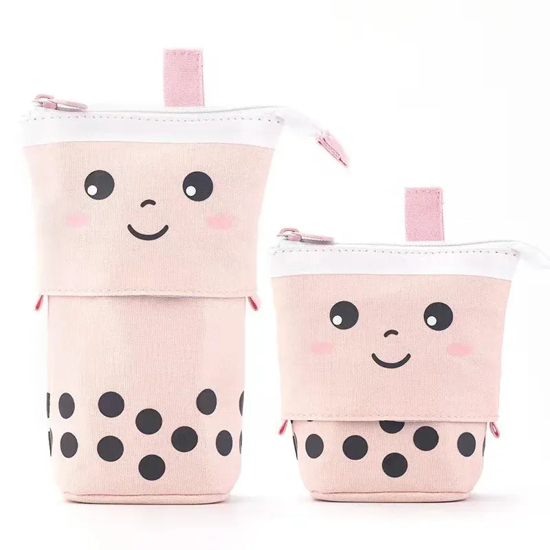 Standing Milk Tea Pencil Case Cute Telescopic Pen Holder Stationery Pouch Pen Box for School Students Office Supplies Pencil Bag