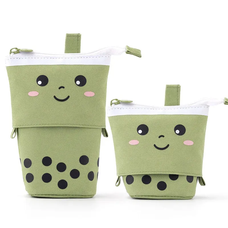 Standing Milk Tea Pencil Case Cute Telescopic Pen Holder Stationery Pouch Pen Box for School Students Office Supplies Pencil Bag