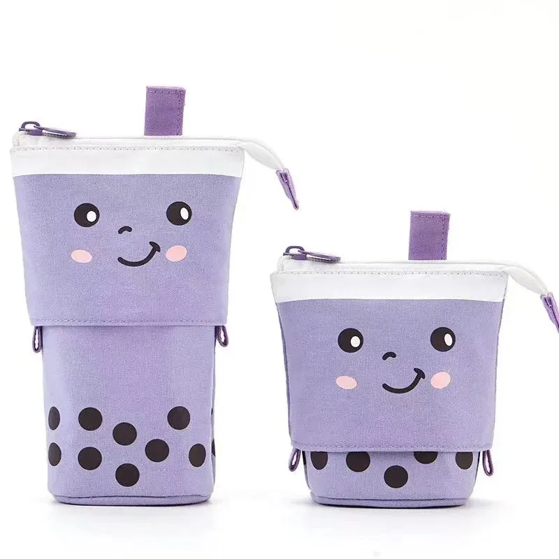 Standing Milk Tea Pencil Case Cute Telescopic Pen Holder Stationery Pouch Pen Box for School Students Office Supplies Pencil Bag