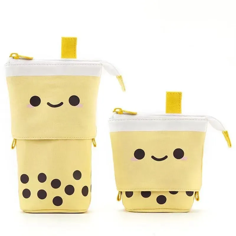 Standing Milk Tea Pencil Case Cute Telescopic Pen Holder Stationery Pouch Pen Box for School Students Office Supplies Pencil Bag