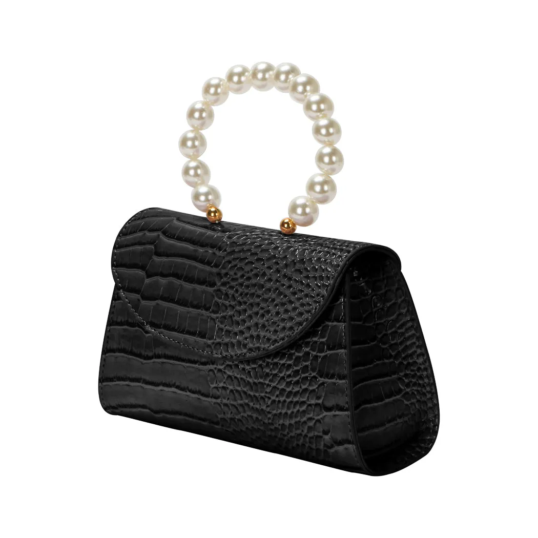 Stone Pattern Beaded Handbag with Flap Top (Black)