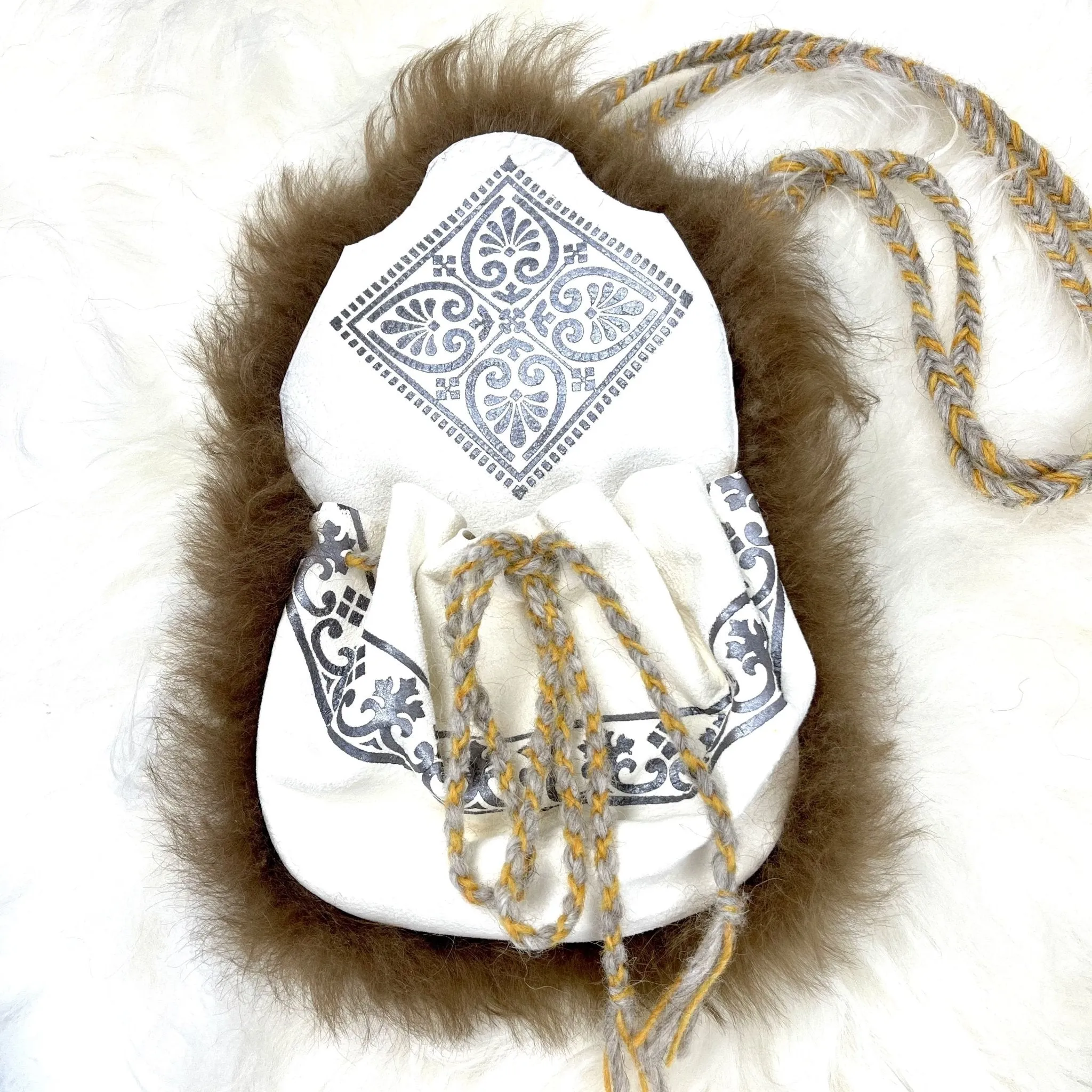 Viking Pouch Drawstring with Flap - Brown Sheepskin with Shield Maiden Skinnfell - Handmade Norse Style Sheepskin and Icelandic Wool Cross Body Bag